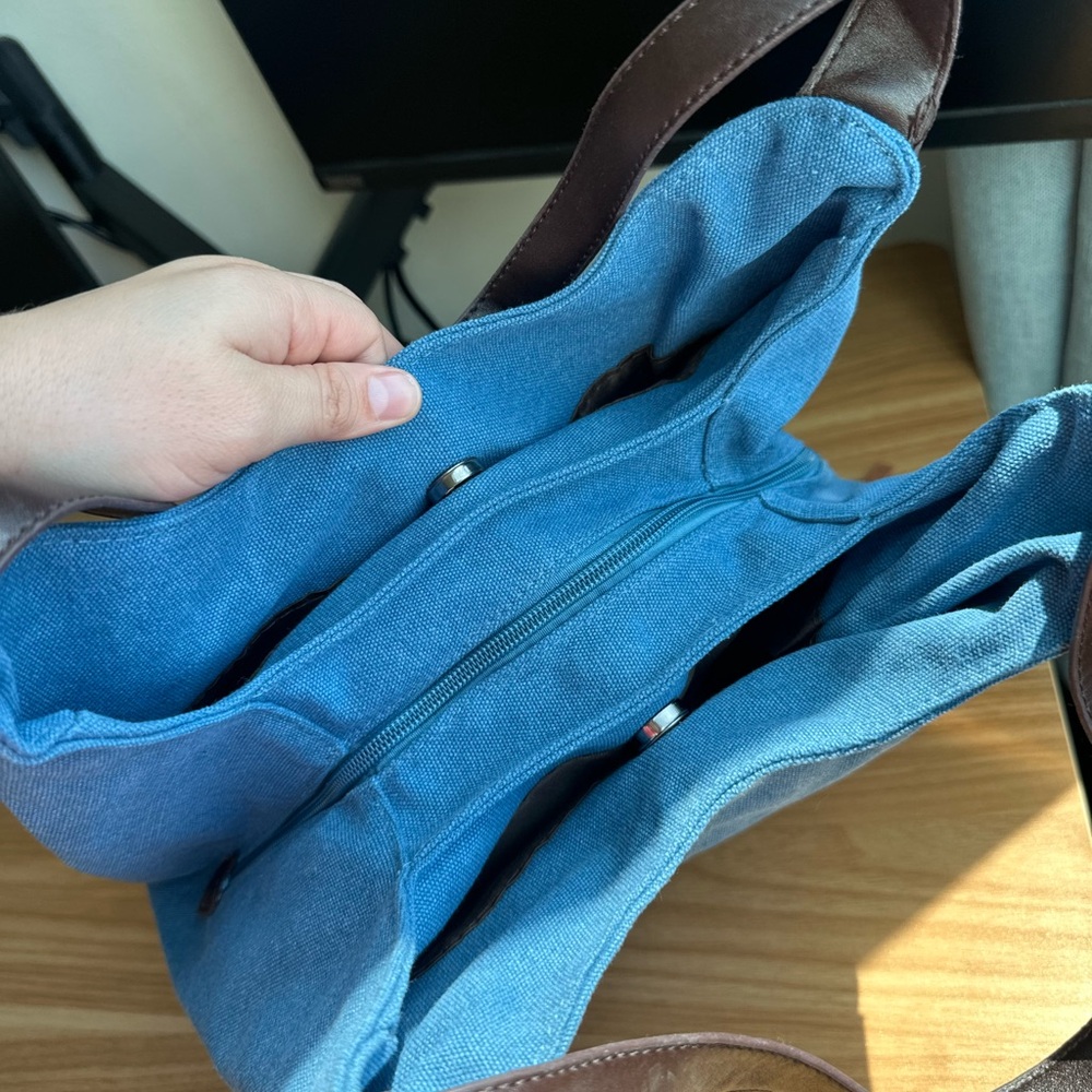 Blue Canvas Shoulder Bag with Brown Trim - Picture 4 of 10